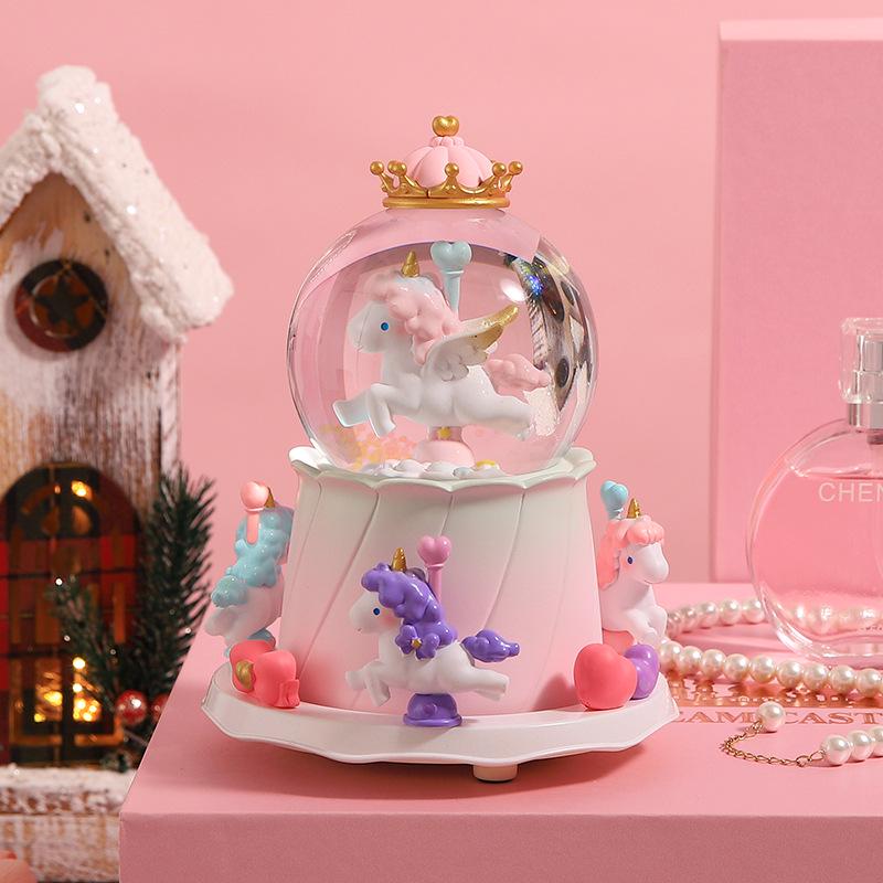 Creative Rotating Unicorn Crystal Ball Music Box with Luminous Snowfall