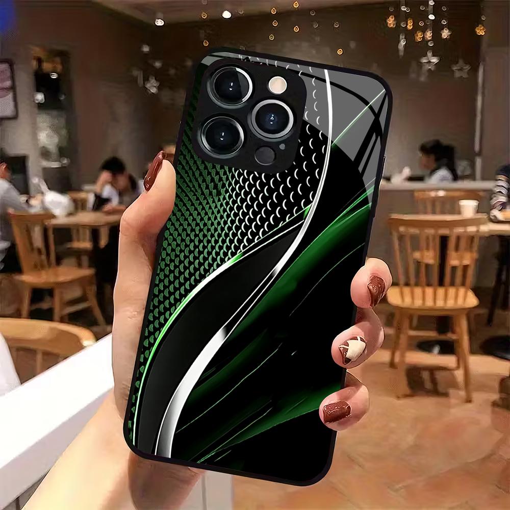 Green striped splicing tempered glass phone case suitable for iPhone 17 16 15 14 13 12 11 Pro Max Plus anti drop and shockproof