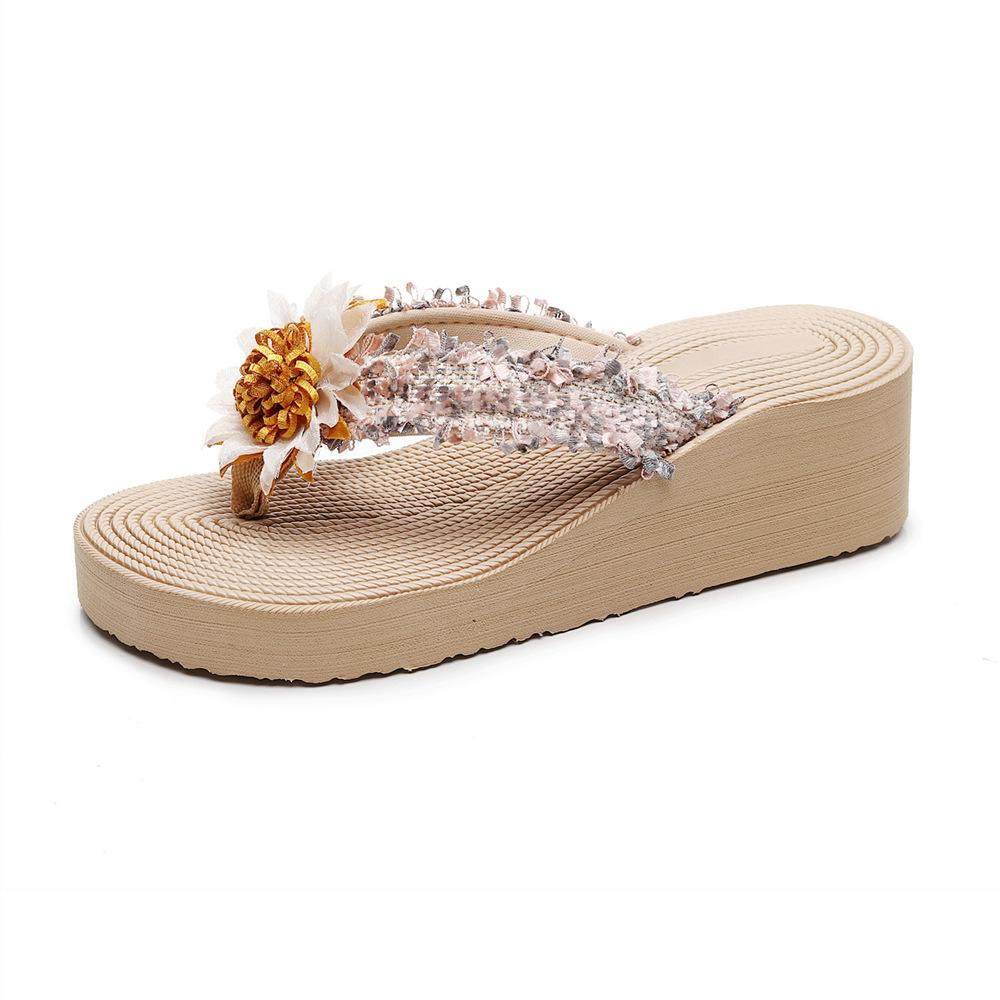 Bohemian Small Fragrant Style Imitation Grass Rope Woven Applique Flip-flops Xia Liang Slippers Women Wear Wedge Heels High Heels Beach Shoes