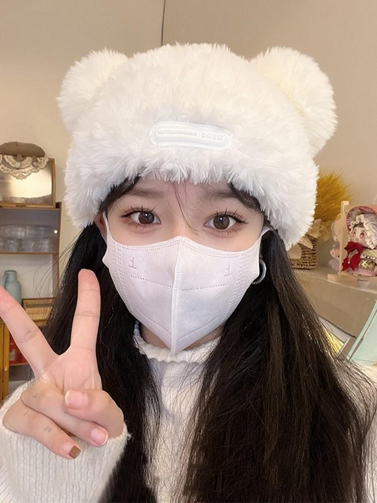 Fashionable Warm Knit Hat For Women Trendy Fluffy Beanie With Cute Bear Patch