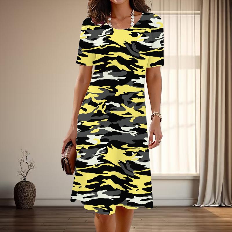 

Женская мода изящный камуфляжный принт лето весна короткий рукав О-образный вырез повседневные платья 8XL жёлтый