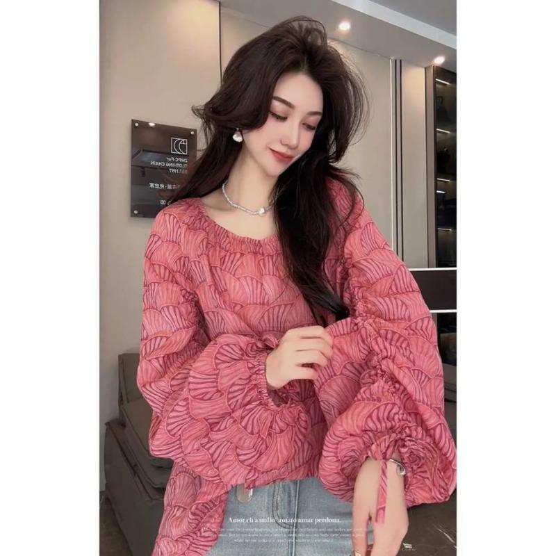 Women Spring Puff Sleeve Floral Blouse Pink Ruffled Chiffon Top L розы красного