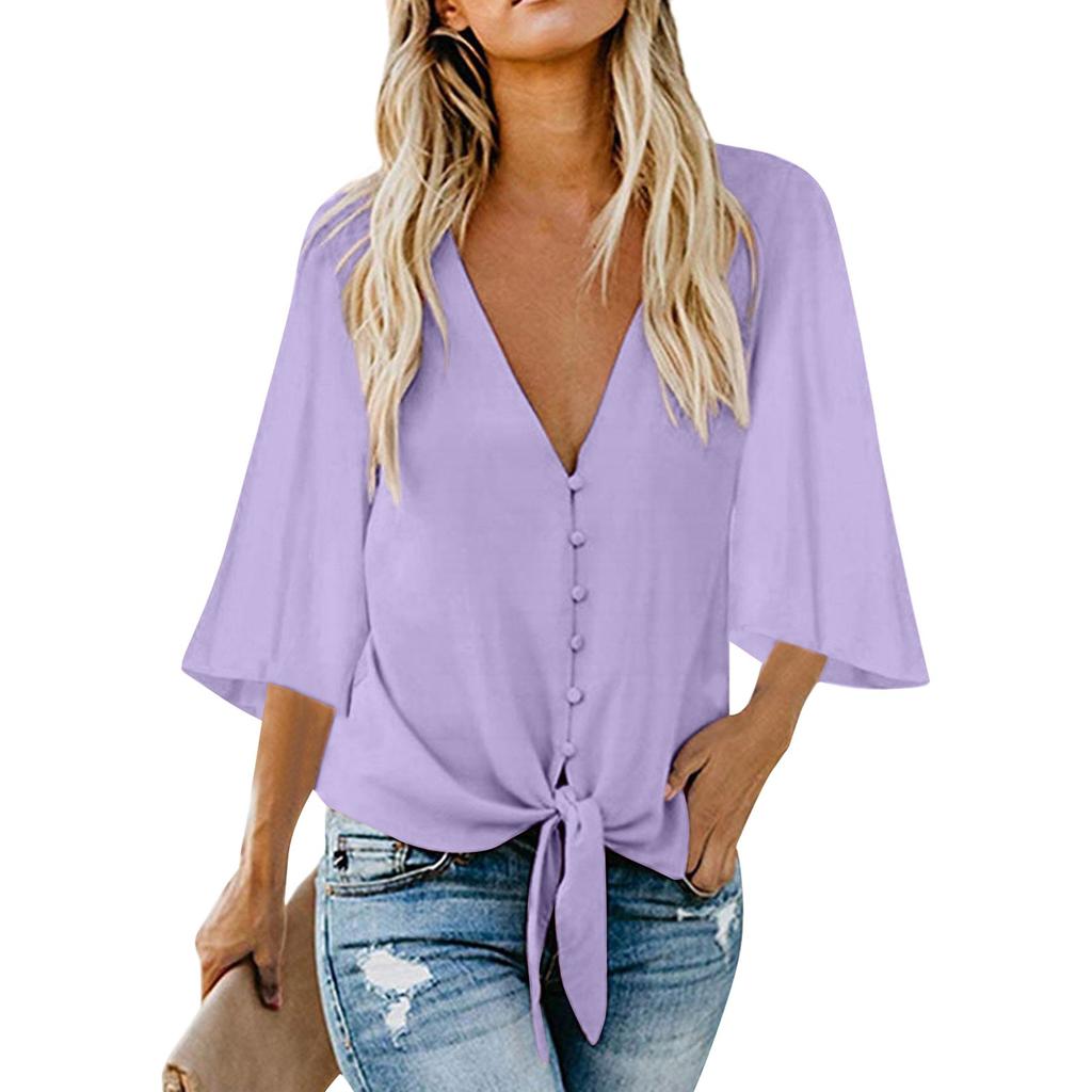 Women's Fashion Tie Knot Button V-Neck Color Medium Sleeve Shirt