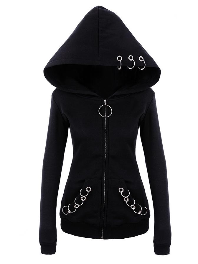 2017 European & American Black Crane Long-Sleeve Loose Fit Hooded Sweatshirt with Iron Ring Detailing