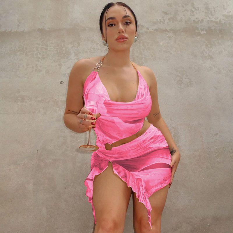 

Amazon Cross-Border Women s Clothing 2025 Summer New Fashion Printed Sexy Backless Tie-Up Dress Foreign Trade Pink S