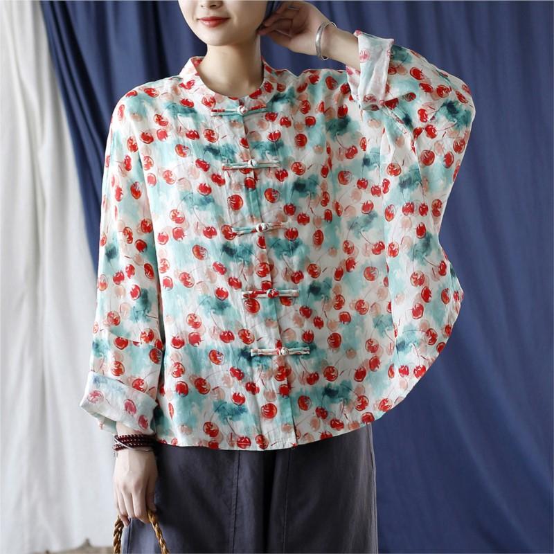 

Johnature женские винтажные рубашки с цветочным принтом, топы, блузки с длинными рукавами и пуговицами, осенние женские рубашки Ramie One Size светло-синий