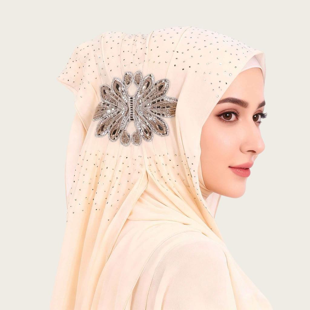 Luxury Rhinestone Chiffon Hijab Scarf Women Muslim Crystal Diamond Headscarf White Wedding Shawl Embroidered Beaded Turban Wrap
