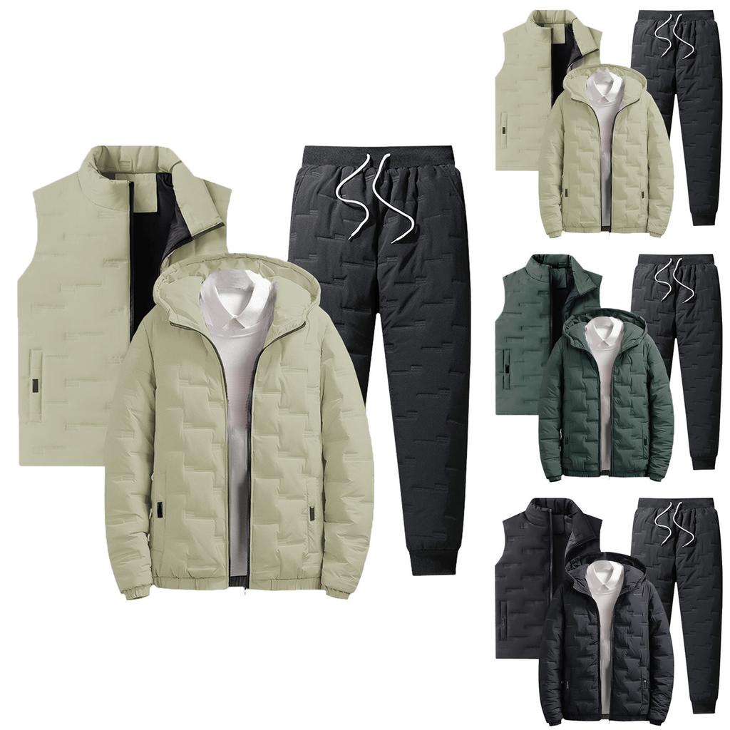 Traje de Moda de Algodón Cálido para Hombre, Conjunto de Tres Piezas, Chaqueta Acolchada, Chaqueta de Invierno, Chaleco Acolchado y Pantalones, Atuendos Casuales Hombre