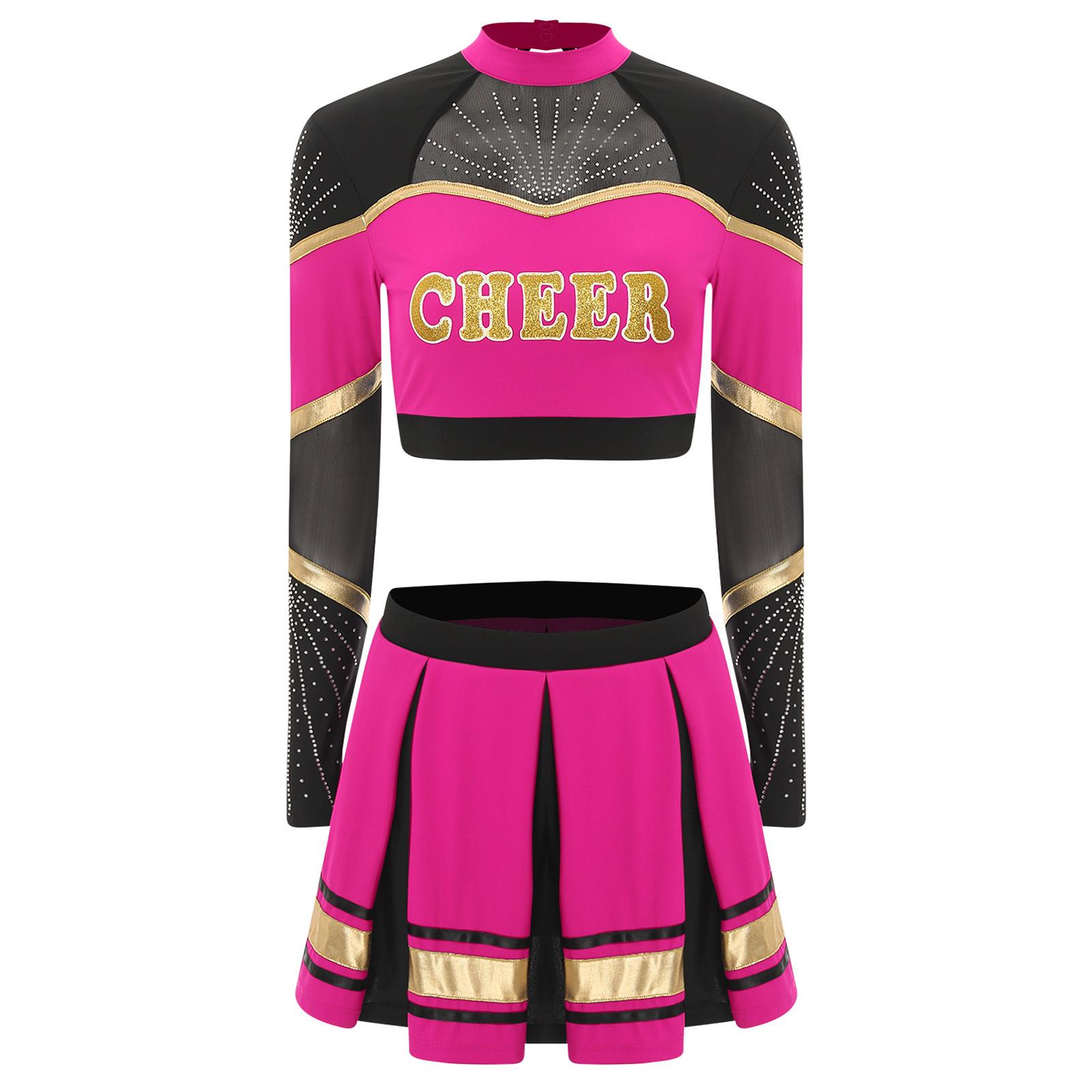 

Жіночий костюм черлідера з довгим рукавом, розшитий паєтками кроп-топ, плісирована спідниця, танцювальна форма, костюм для виступу на змаганнях черлідерів S гарячі рожевого кольору