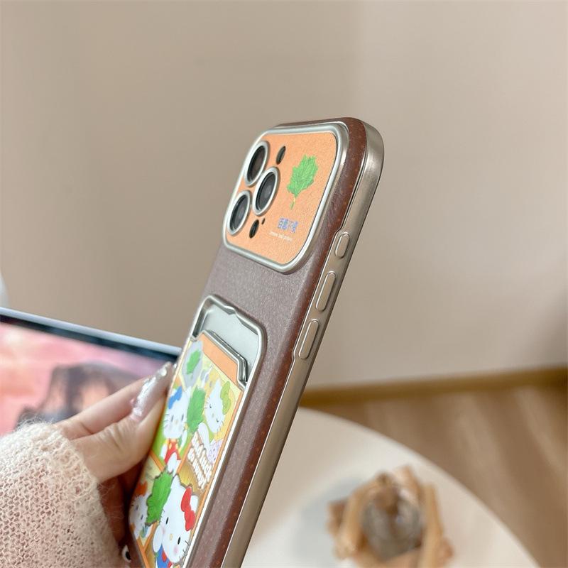 Yuzu Leaf Cat Card Holder: Brown Base for iPhone 17/16 Pro Max/15/14