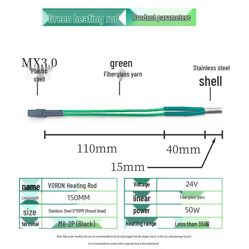 Topná tyč 3D tiskárny, průměr 6 mm, délka 2030 mm, 12V/24V, 40W, délka vodiče 2 m