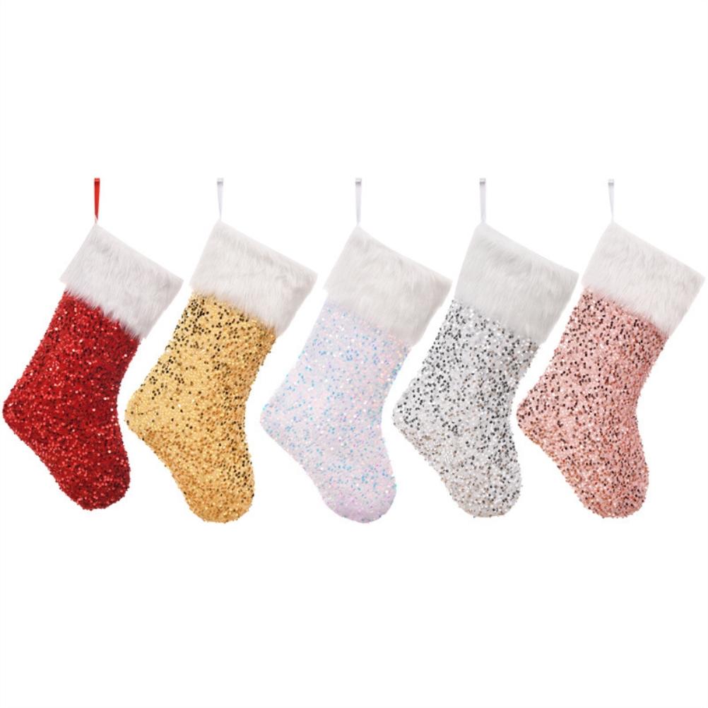 Sequins Plush Christmas Socks with Lanyard Portable Christmas Gift Bags Xmas Decoration for Fireplace and Christmas