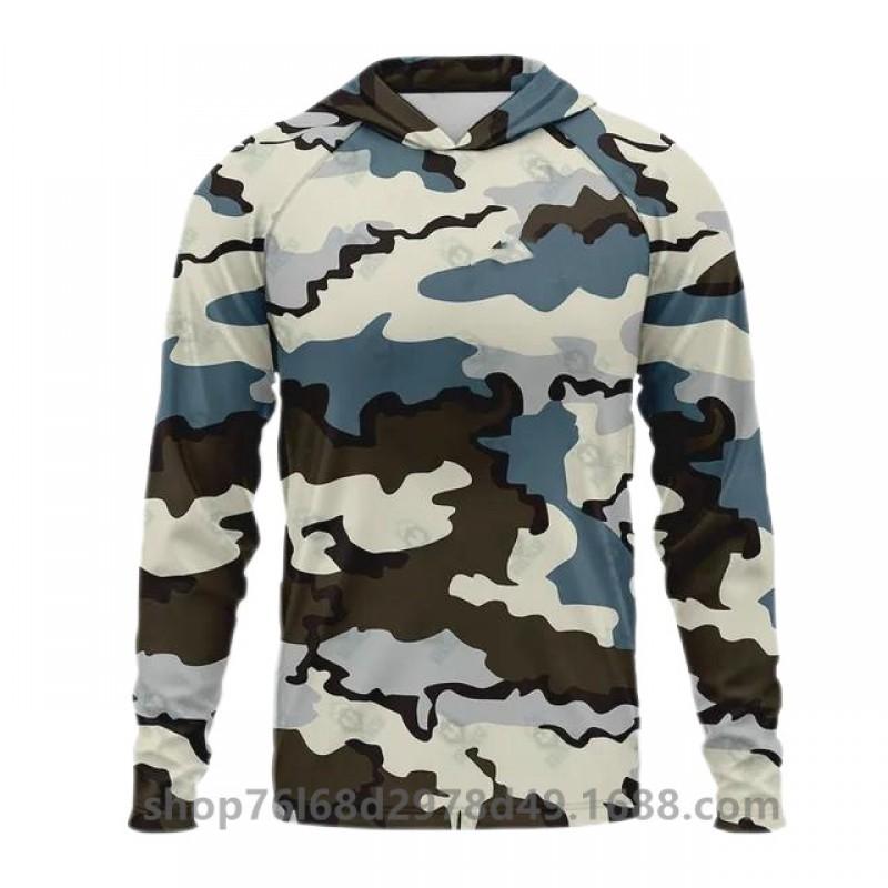 Mens Ice Silk Long Sleeve Fishing Shirt With Integrated Camo Face Cover Hood UPF50 Sun Protection Lightweight Quick Dry