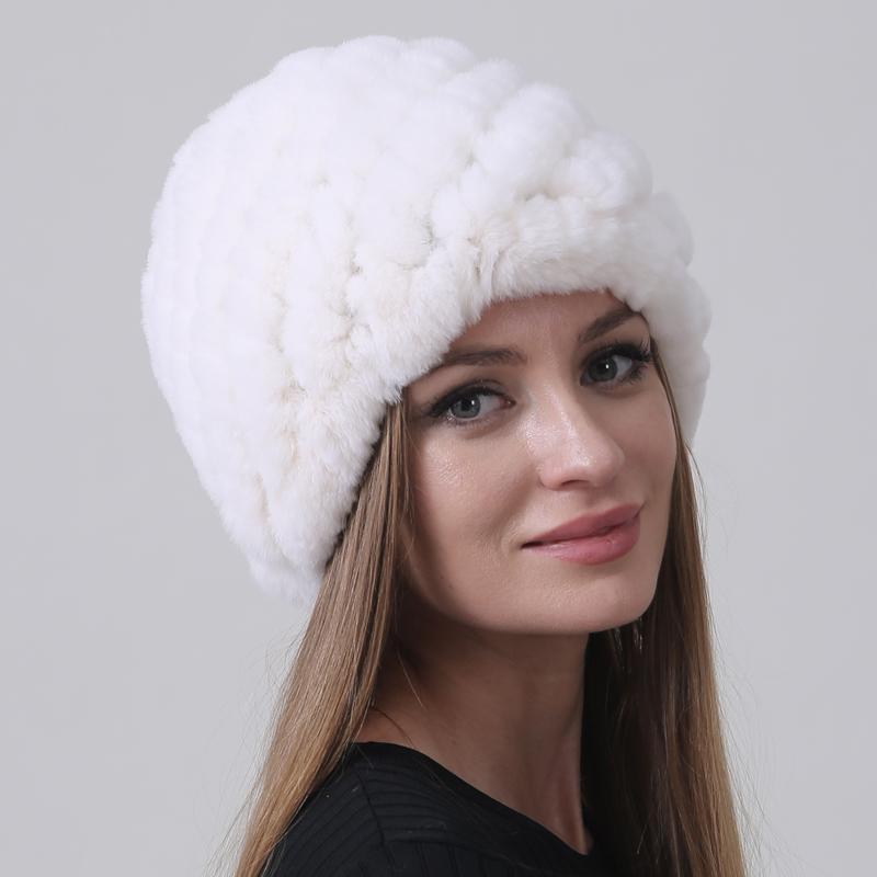 New Warm Real Fur Hat Winter Women Rex Rabbit Fur Thick Double Layer Lining Outdoor Women Beanie Cap Pineapple Round Hats