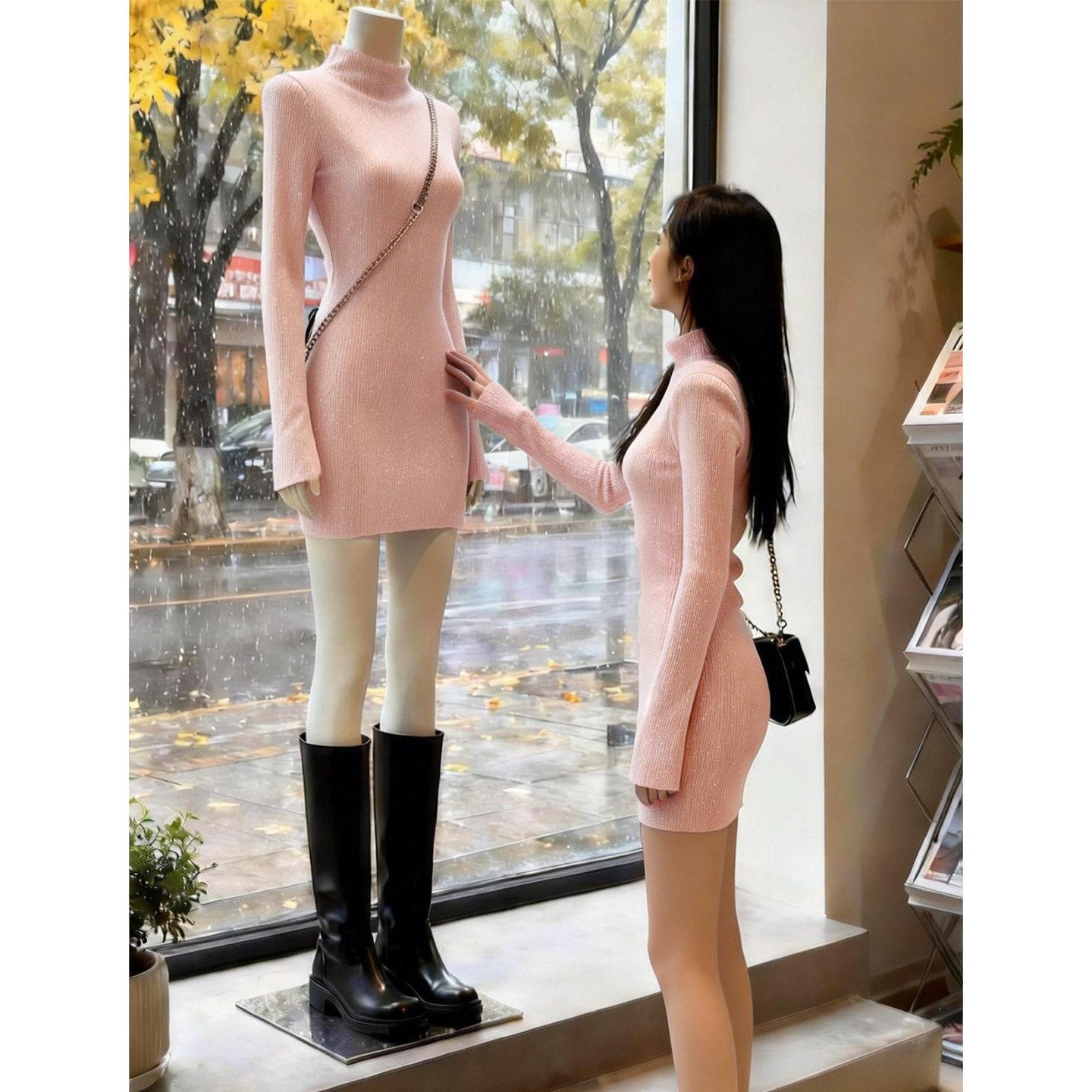

High-End Pink V-Neck Knit Dress: Women s Autumn/Winter Hip-Hugging Skirt, New Year Hot Girl Outfit. Extra Large