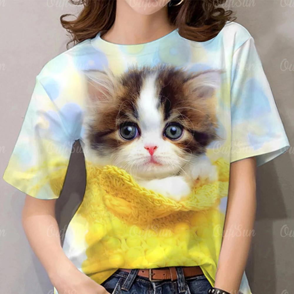 Cute women s T-shirt, cute cat print top, fashionable cartoon pattern T-shirt xs