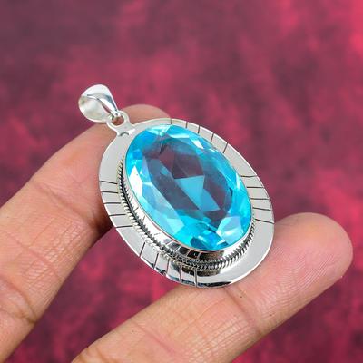Ciondolo topazio blu, gioielli in argento sterling massiccio 925, ciondolo fatto a mano, per il Ringraziamento