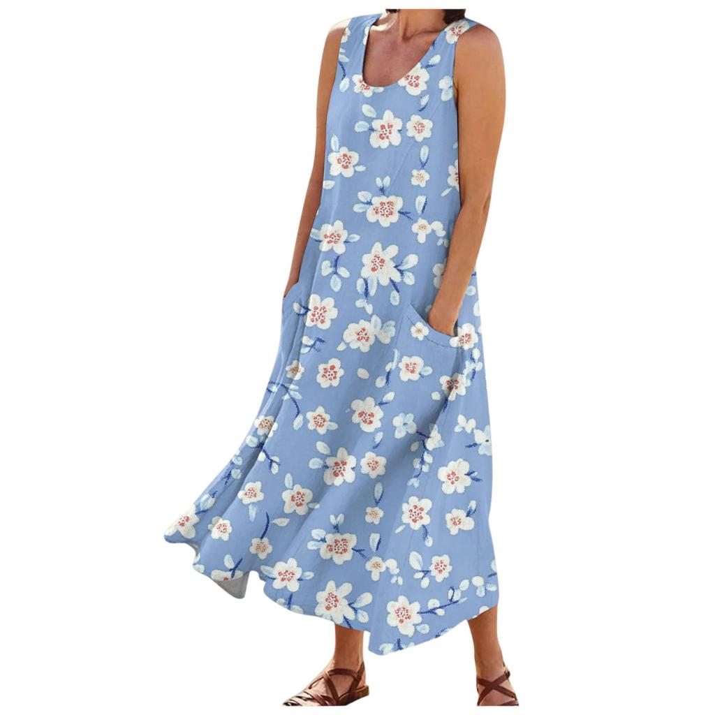 Women's Fashion Summer Casual Sleeveless Floral Printed Small Pocket Dresses