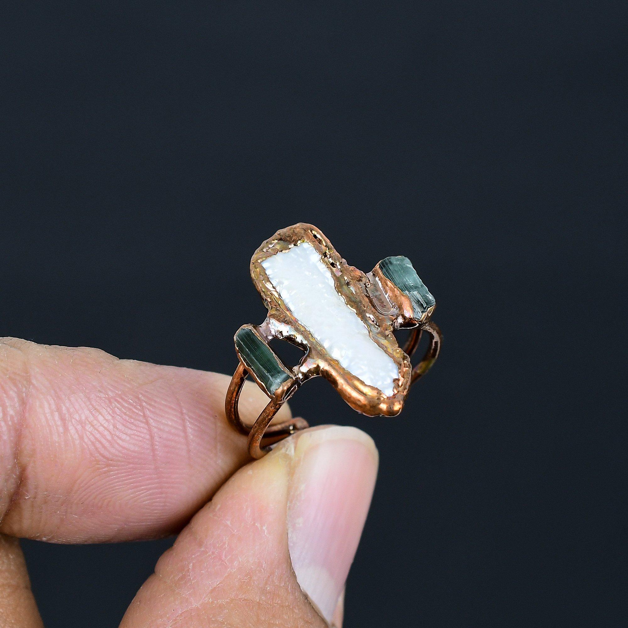 

Кольцо из перламутра с ручной работой, кольцо из электроформированной меди, антикварное украшение, регулируемое кольцо, подарок на помолвку