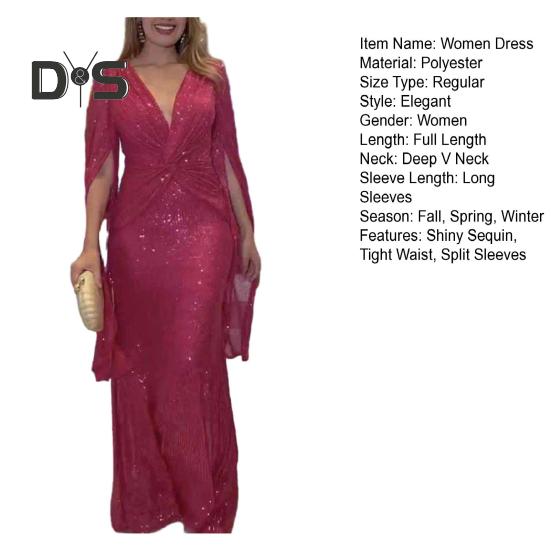 Kvinner aftenkjole Delte ermer Dyp V-hals Skinnende paljett Slim Fit Tight midjeknute Plissert Full lengde Ensfarget Lady Ball Bankett Maxikjole