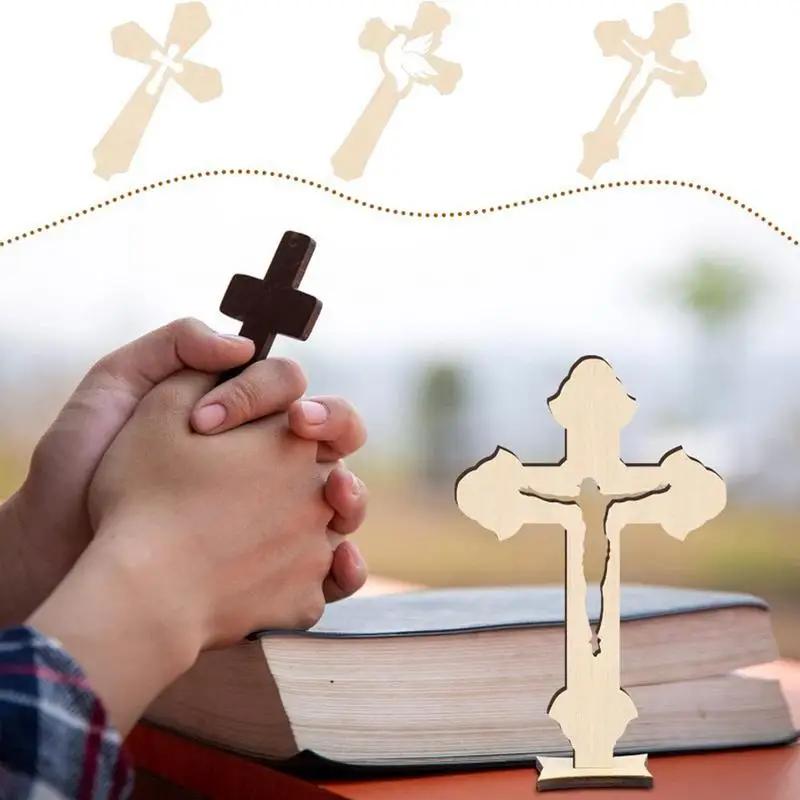 10pcs Small Baptism Decor Rustic Standing Cross for First Communion Prayer Wooden Cross Christian Catholic Wood Crosses Crafts
