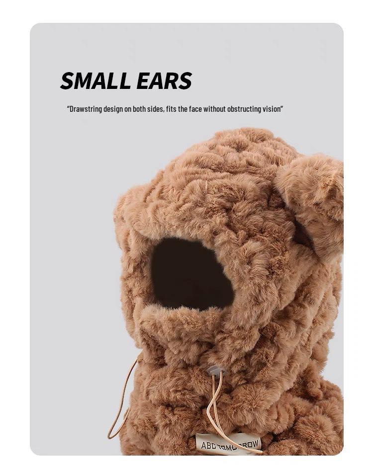 Korean-Style Plush Little Bear Hat with Ear Muffs and Integrated Scarf Mask for Winter Warmth