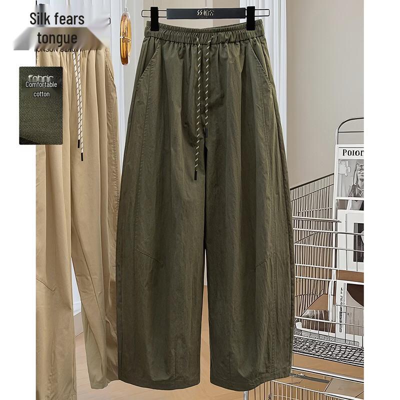 

Women s Solid Color Elastic Waist Drawstring Wide-Leg Casual Pants L