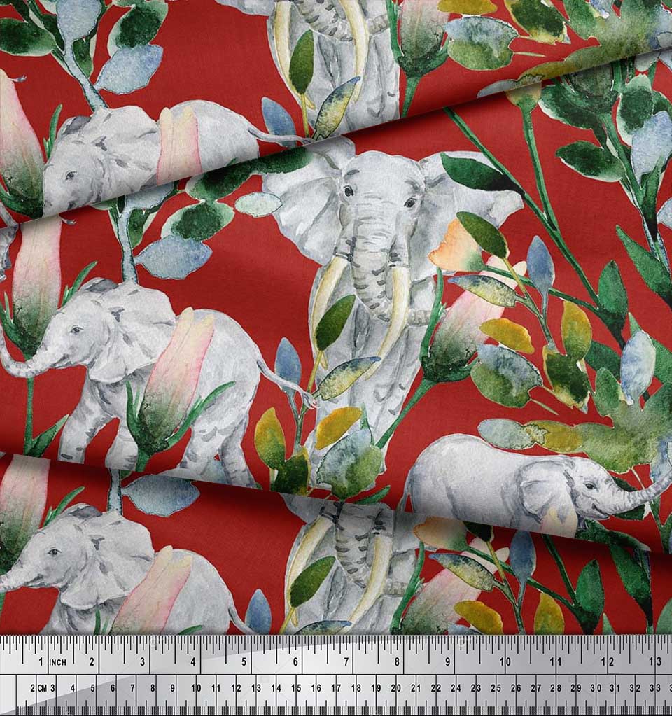 Soimoi Japan Crepe Satin Fabric Leaves,Floral & Elephant Animal Printed Craft Fabric by the metre 42 Inch
