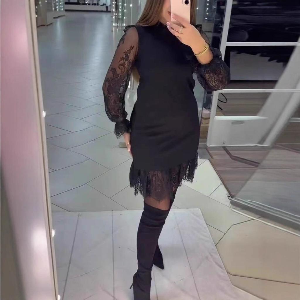 2026 Europe and America Women's Fashion Lace Splicing Long Sleeve Women's Dress