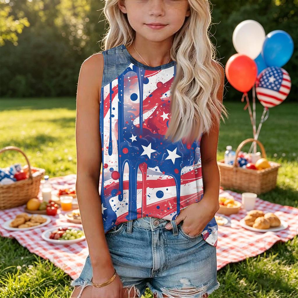 Sleeveless Loose Fit Tank Top for Women Round Neck Denim Print Star Pattern Casual Summer Shirt