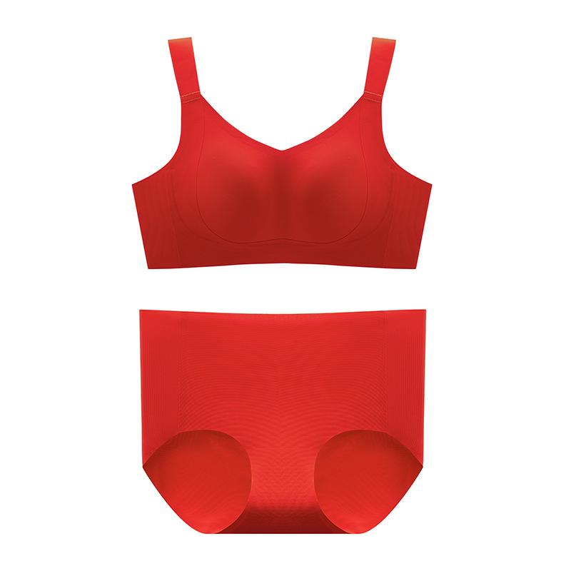 Китайский Красный Бесшовный Женский Комплект Бюстгальтеров Push-up и Минимизирующий для Свадьбы 100BC китайский красный