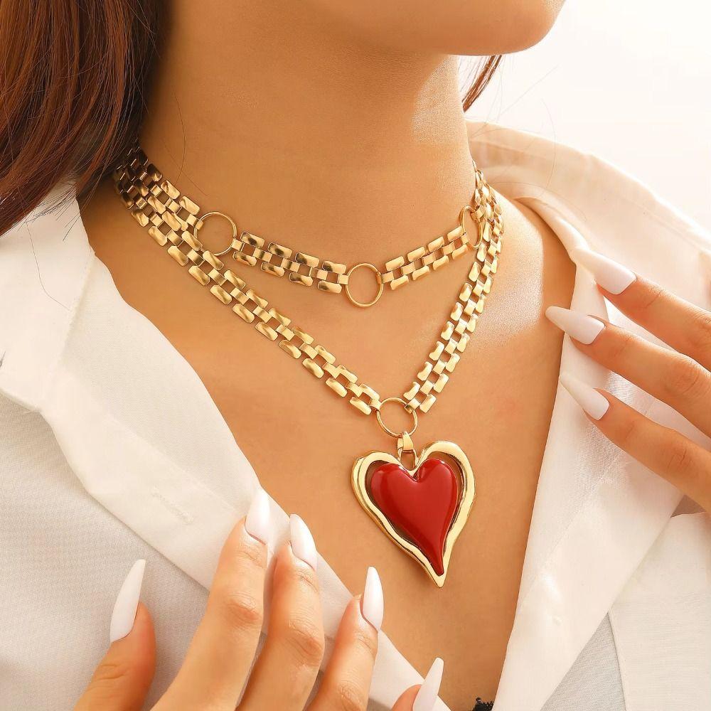 Chunky Chain Statement Necklace Gold Color Heart Pendant Necklace Earrings Jewelry Set  Casual Wear
