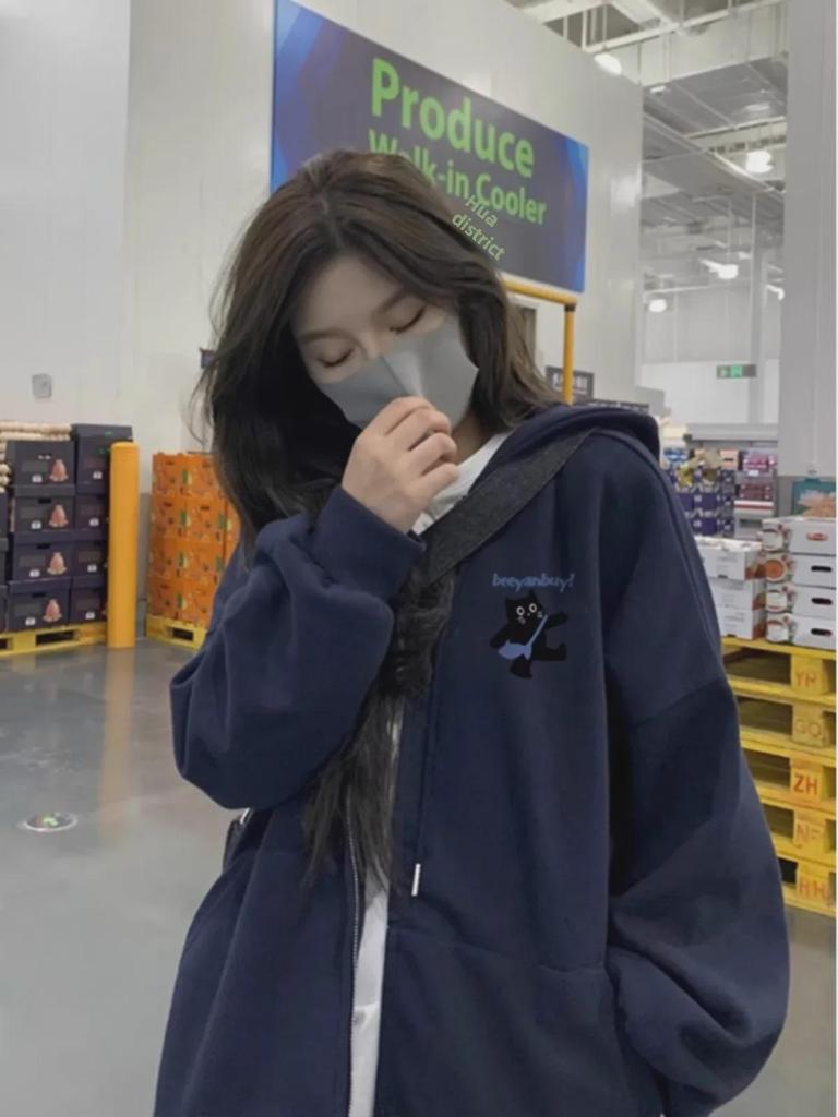 Navy Blue Hooded Zipper Cardigan for Women - Lightweight Autumn/Winter Sweater