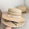 Women Raffia hat French style Summer Straw Sun Hat Women Wide Brim Beach Cap Breathable Hollow Holiday Panama hat Leather Bow