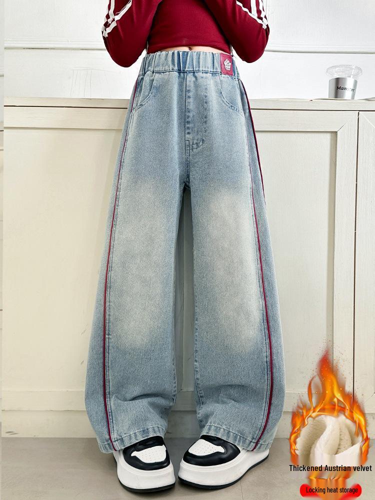 Girls' Fleece-Lined Wide-Leg Jeans for Autumn & Winter