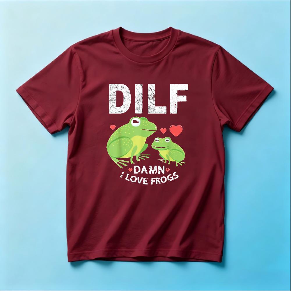 DILF Damn I Love Frogs Cute Green Frog Heart SummerunisexCotton T-Shirt Vintage Washed Animal Meme Casual Short Sleeve Blouse