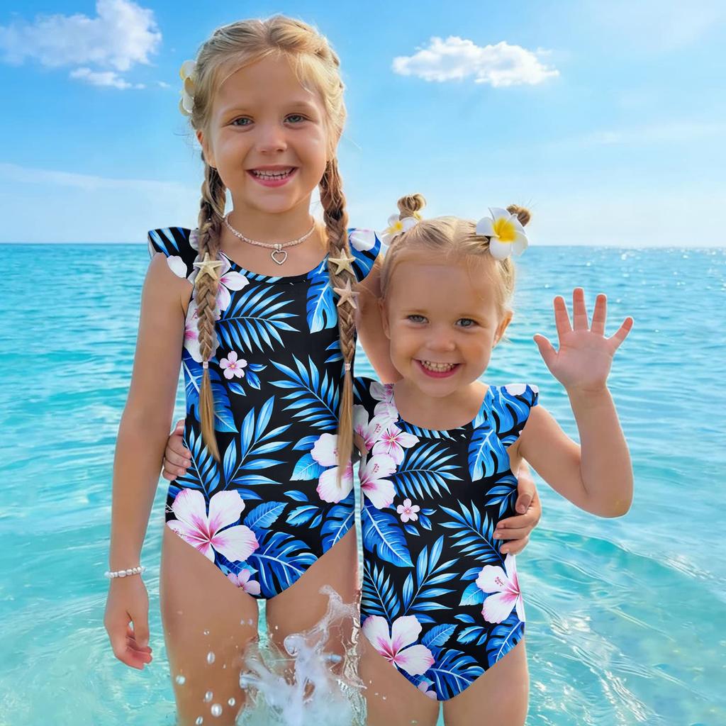 Costume da bagno intero per bambina Estate Stampa Hawaiana Costumi da bagno Bambini Moda Casual Manica a volant Abbigliamento da spiaggia Costume da bagno per bambini