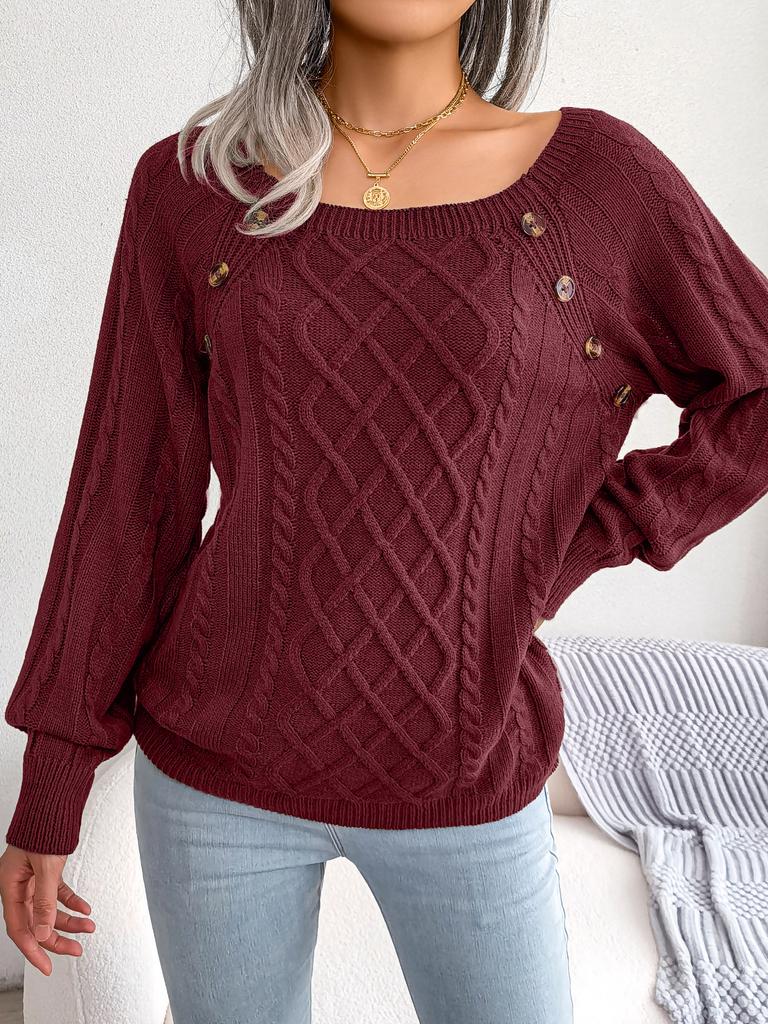 Womens Autumn Winter Cable Knit Sweater Solid Color Square Neck Buttons Long Sleeve Ribbed Knitted Pullover Loose Jumpers Tops