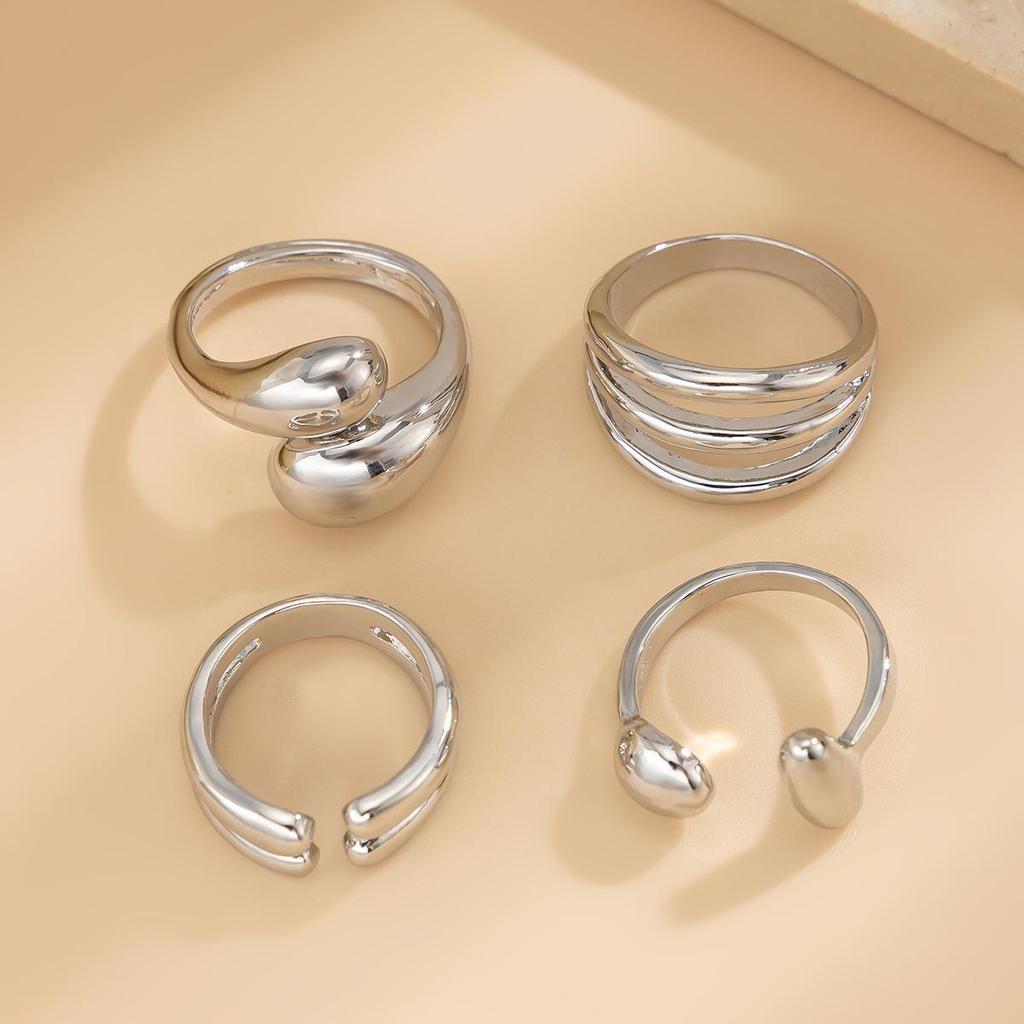 European & American Geometric Baroque Pearl Ring Set – Sweet Cool Ins Style Glossy Liquid Metal Ring