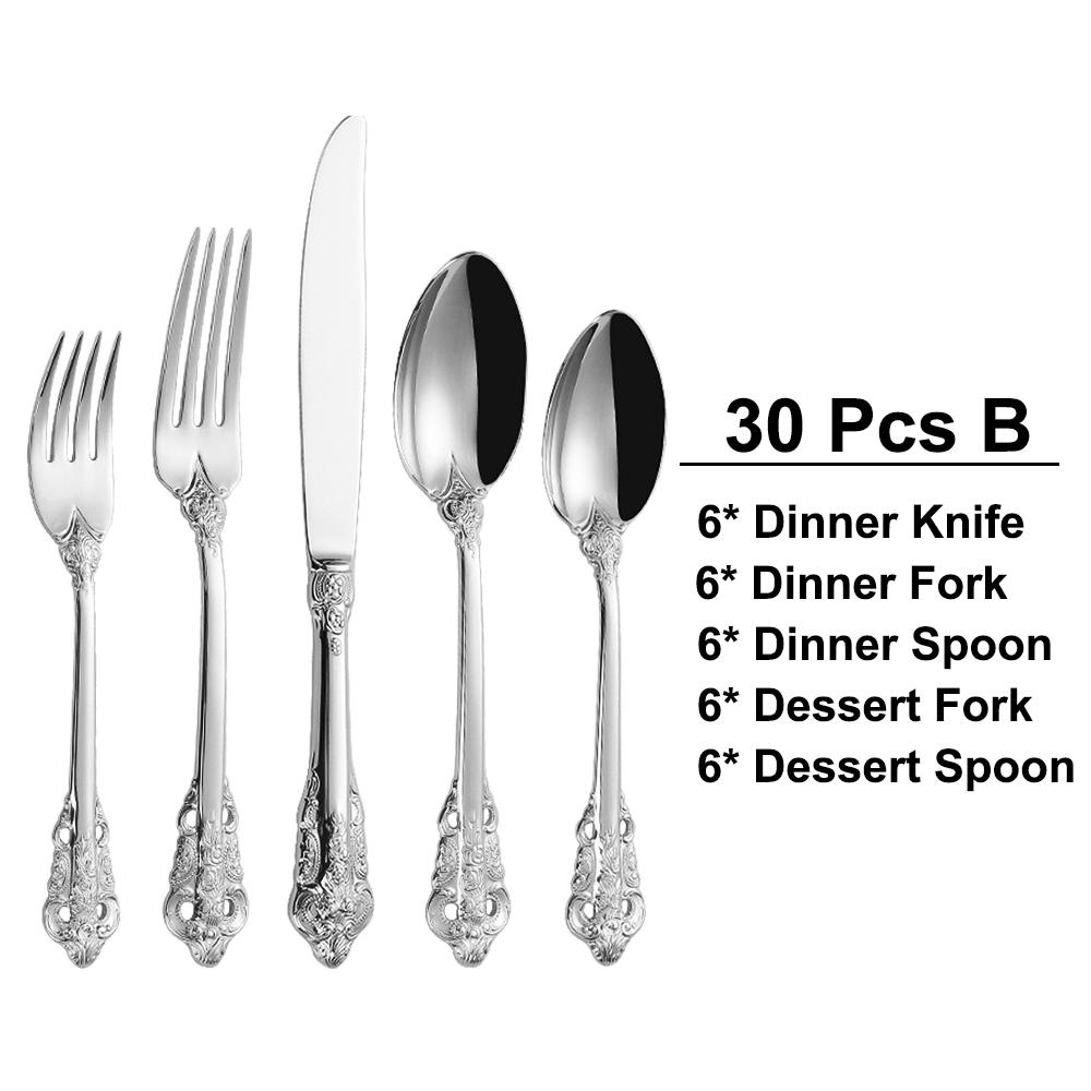 30 Pieces Gold Plated Luxury Cutlery Set Stainless Steel Vintage Western Tableware Sliver Knife Spoon Fork Set Kitchen Utensils