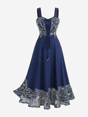 Rosegal Plus Size Lace-up Panel Floral Embroidery Lace Trim Hollow Out Hem Tank Dress