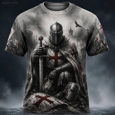 T-shirt da uomo per Halloween con Croce dei Crociati Templari, manica corta, stampa 3D, girocollo, stile gotico da strada, per feste dark