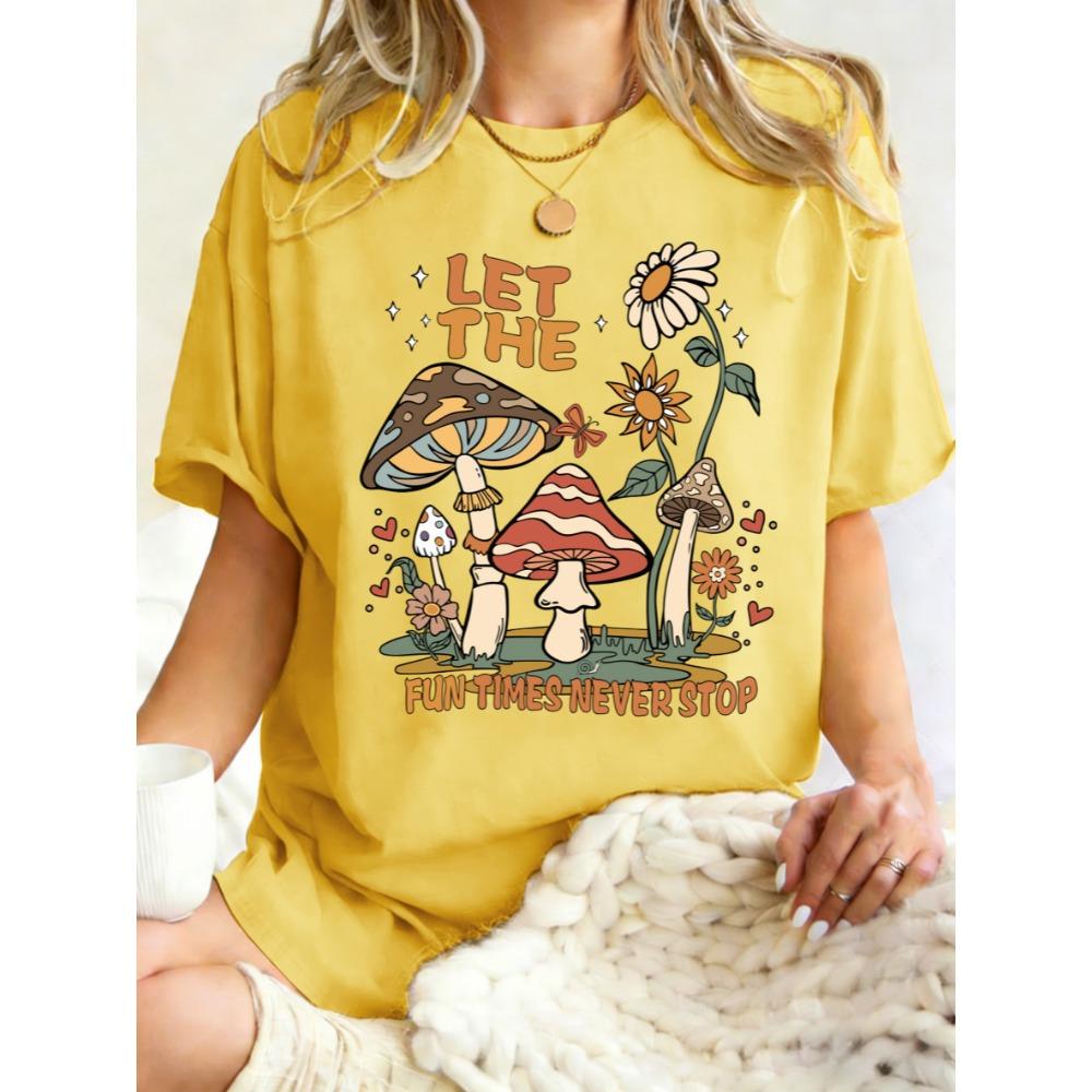 Fun Times Never Stop Mushroom Sunflower Prints Women T Shirts Y2K Soft Short Sleeve Summer T-Shirt Cotton Loose Clothing