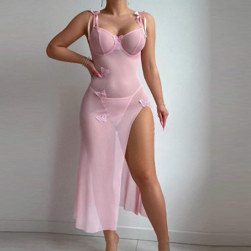 Sexy Lingerie Set Butterfly Applique Mesh See-Through Slit Slimming Erotic Lingerie Dress Set Underwear for Women Wedding