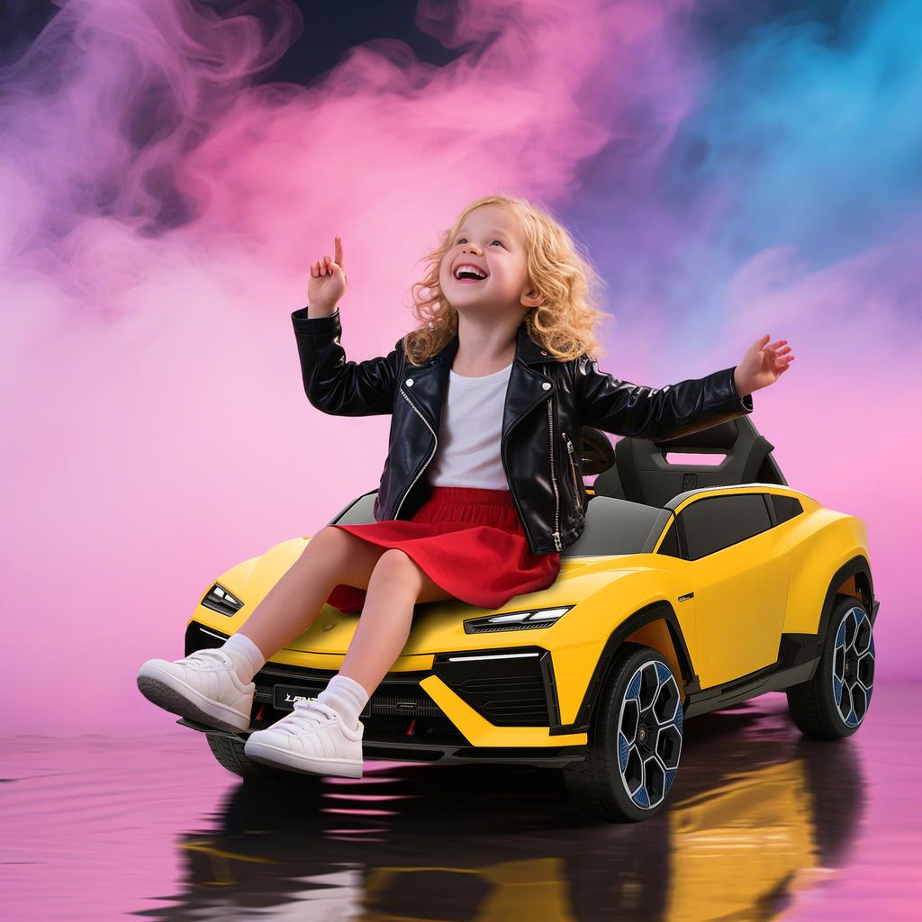 Auto Elettrica per Bambini 12V Auto per Bambini con Telecomando 2.4 GHz, 2 Motori, Clacson, LED, Musica, 101,5 x 49 x 43 cm, Giallo