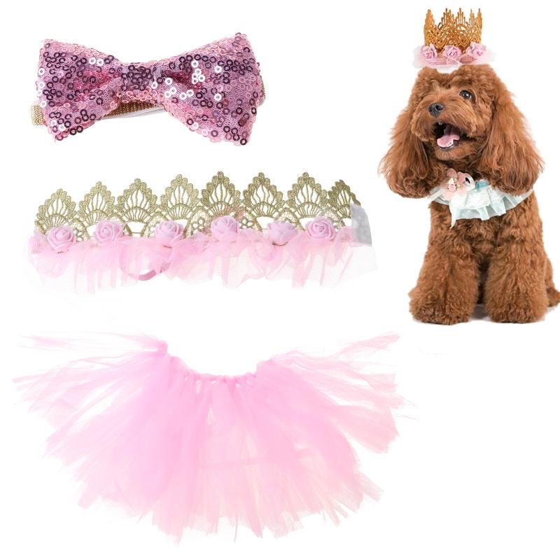 Details about / Pet Girl Dog Birthday Crown Hat Bowknot Collar Tutu Skirt Party Supplies