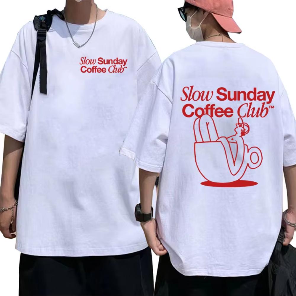 

Slow Sunday Coffee Club Cartoon Funny Meme T Shirts Men Women Retro Harajuku Fashion T-shirt Oversized Cotton Tshirt Tops S