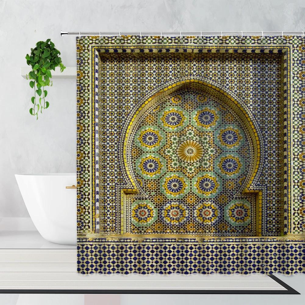 Tenda da Doccia Marocchina 3D Cancello Invecchiato Motivo Geometrico Design Porta d'Ingresso Ingresso Stile Orientale Architettonico Tende da Bagno