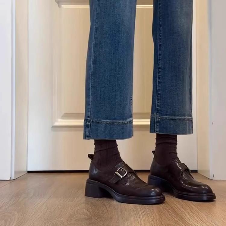 Sheepskin Version~ Retro Belt Buckle Deep Mouth Loafers Women's Simple Commuting Thick Heel One Pedal British Style Small Leather Shoes