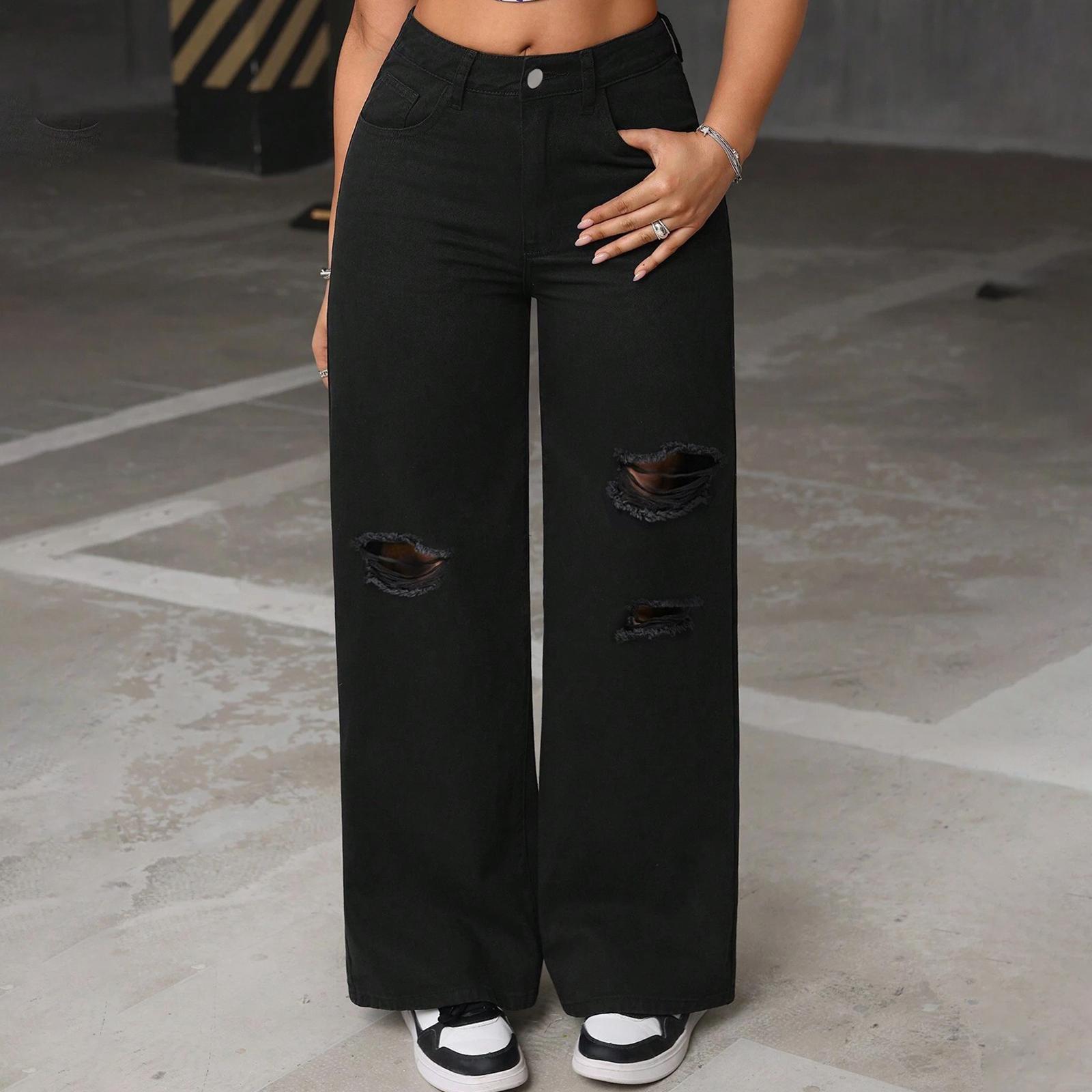 

Женские джинсы средней посадки, эластичные, модные, прямые, джинсовые брюки с карманами L чёрный